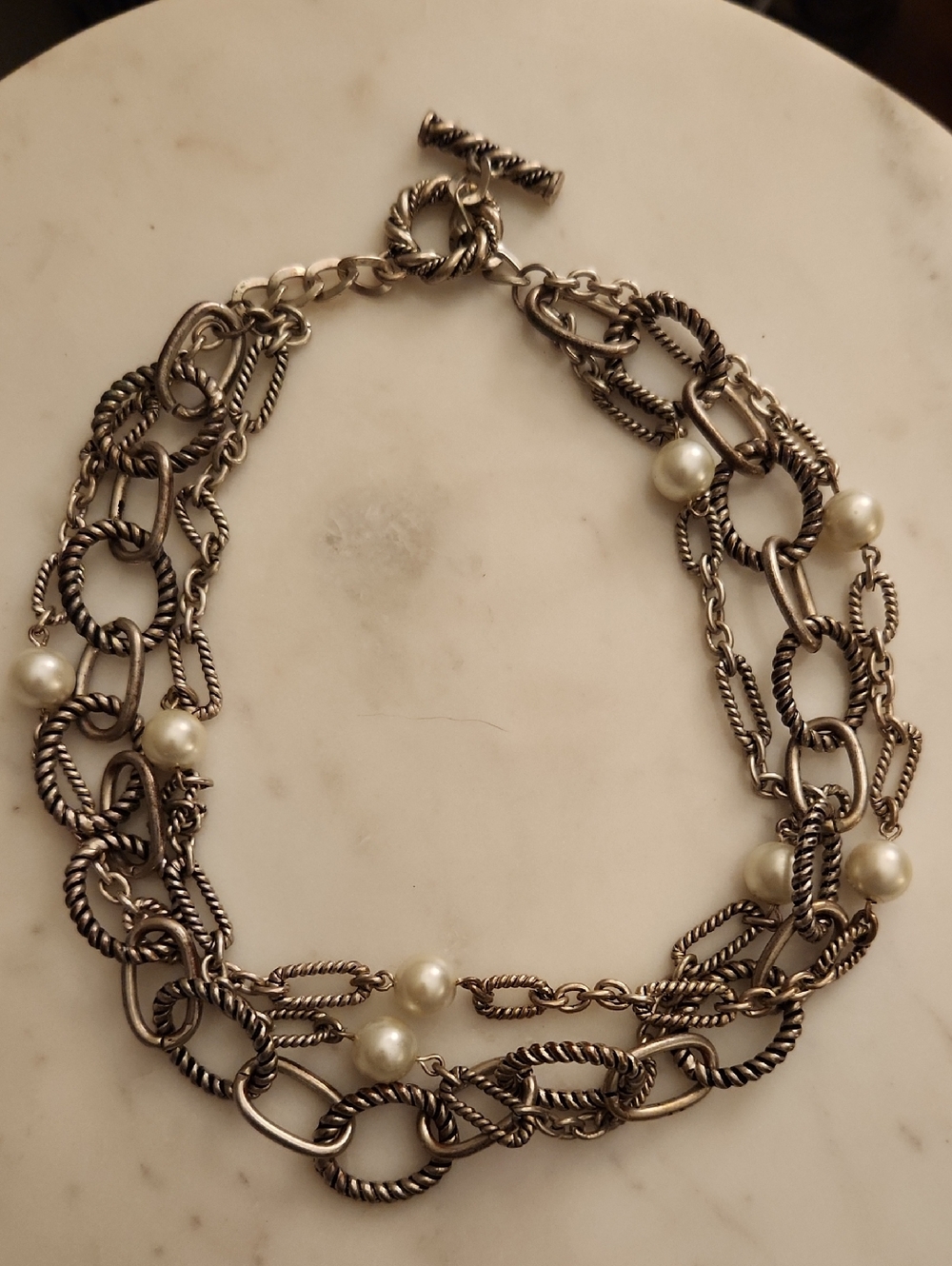 Silver-Tone Multi-Chain Necklace with Pearl Accents